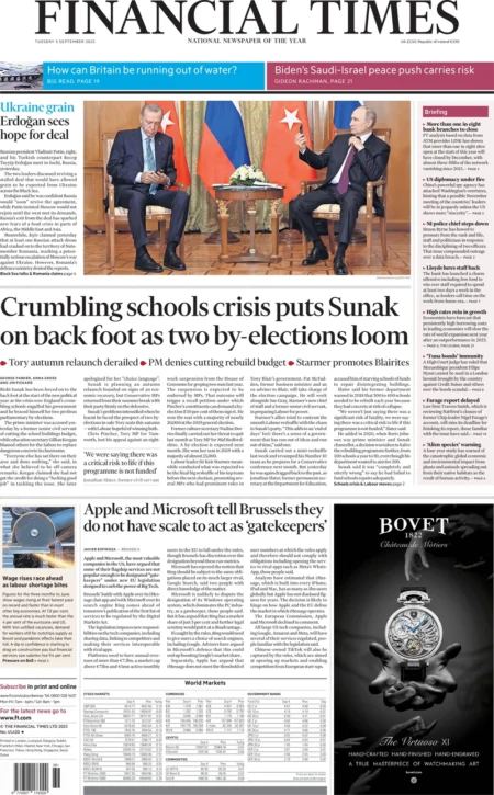 Financial Times – Crumbling schools crisis puts Sunak on back foot as two by-elections looms