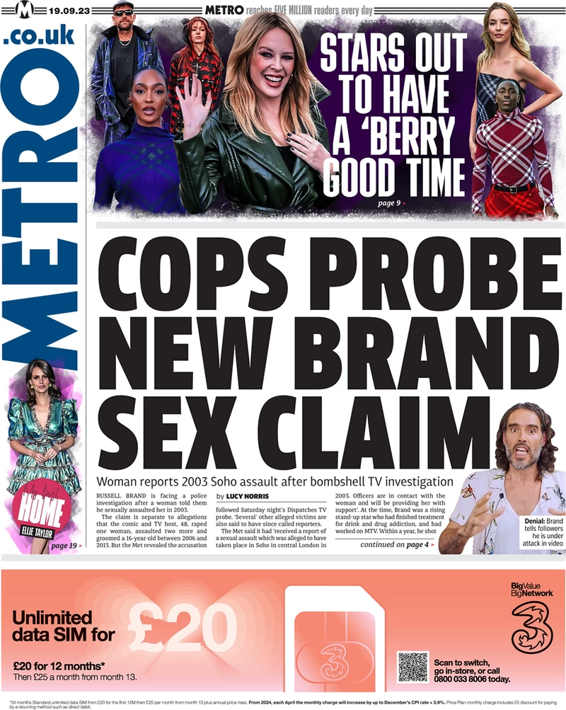 Metro - Cops probe new Brand sex claim