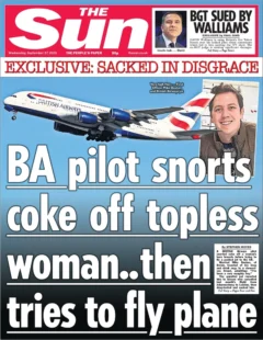 The Sun – BA pilot snorts coke off topless woman … then tries to fly plane