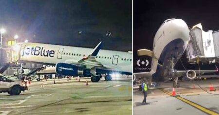 Frightening moment plane nose tilts upward as passengers disembark