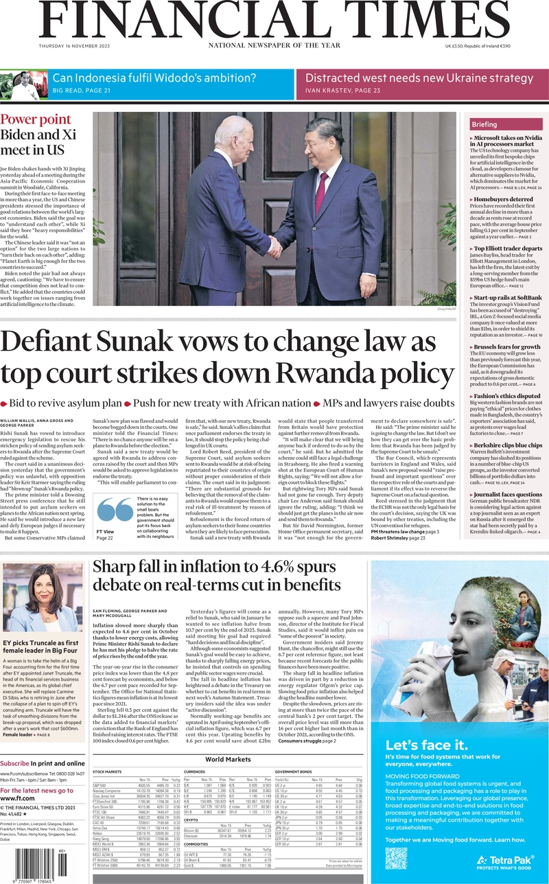 Financial Times - Defiant Sunak vows to change law as top court strikes down Rwanda policy 