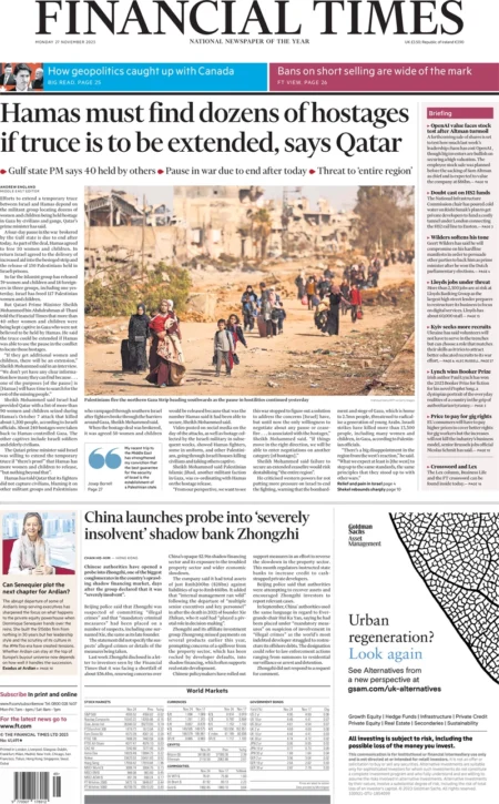 Financial Times – Hamas must find dozens of hostages if truce is to be extended, says Qatar 