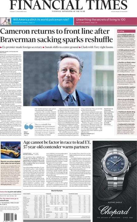 Financial Times – Cameron returns to front line after Braverman sacking sparks reshuffle 