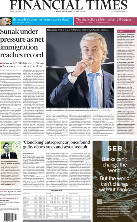 Financial Times – Sunak under pressure as net immigration reaches record  