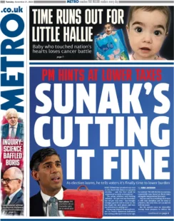 Metro – PM Hints At Lower Tax: Sunak’s Cutting It Fine 