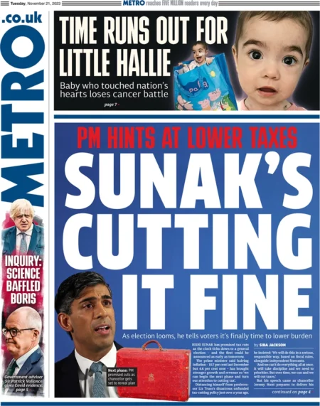 Metro – PM Hints At Lower Tax: Sunak’s Cutting It Fine 