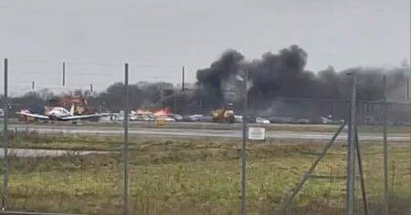 Cars ‘completely destroyed’ after blaze tears through airport car park