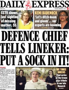 Daily Express – Defence Chief Tells Lineker: Put A Sock In It