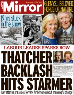 Daily Mirror – Thatcher backlash hits Starmer 