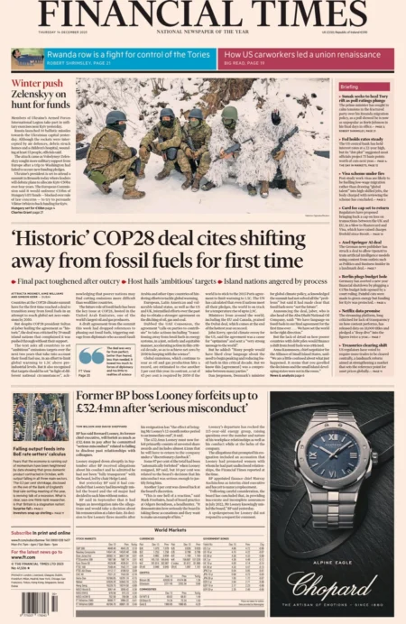 Financial Times – ‘Historic’ Cop28 deal cites shifting away from fossil fuels for first time 