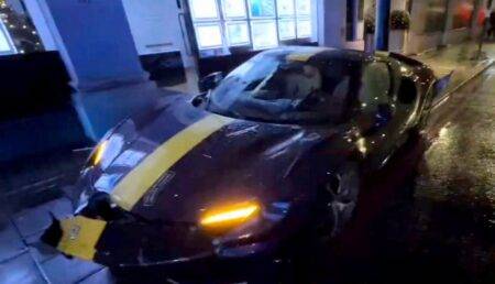 Ferrari 269 worth £300,000 wrecked after spinning off road and crashing into bollard