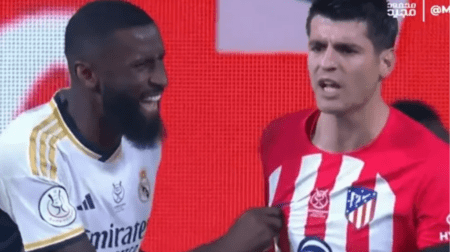 Antonio Rudiger bizarrely pinches Alvaro Morata’s nipple in eight-goal Madrid derby