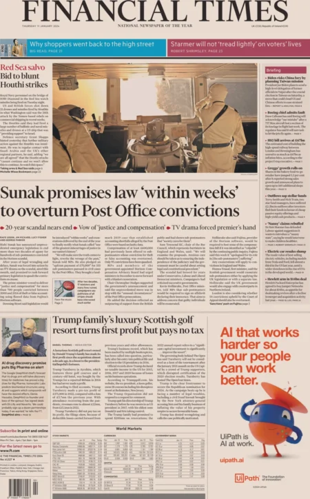 Financial Times – Sunak promises law within weeks to overturn Post Office convictions 