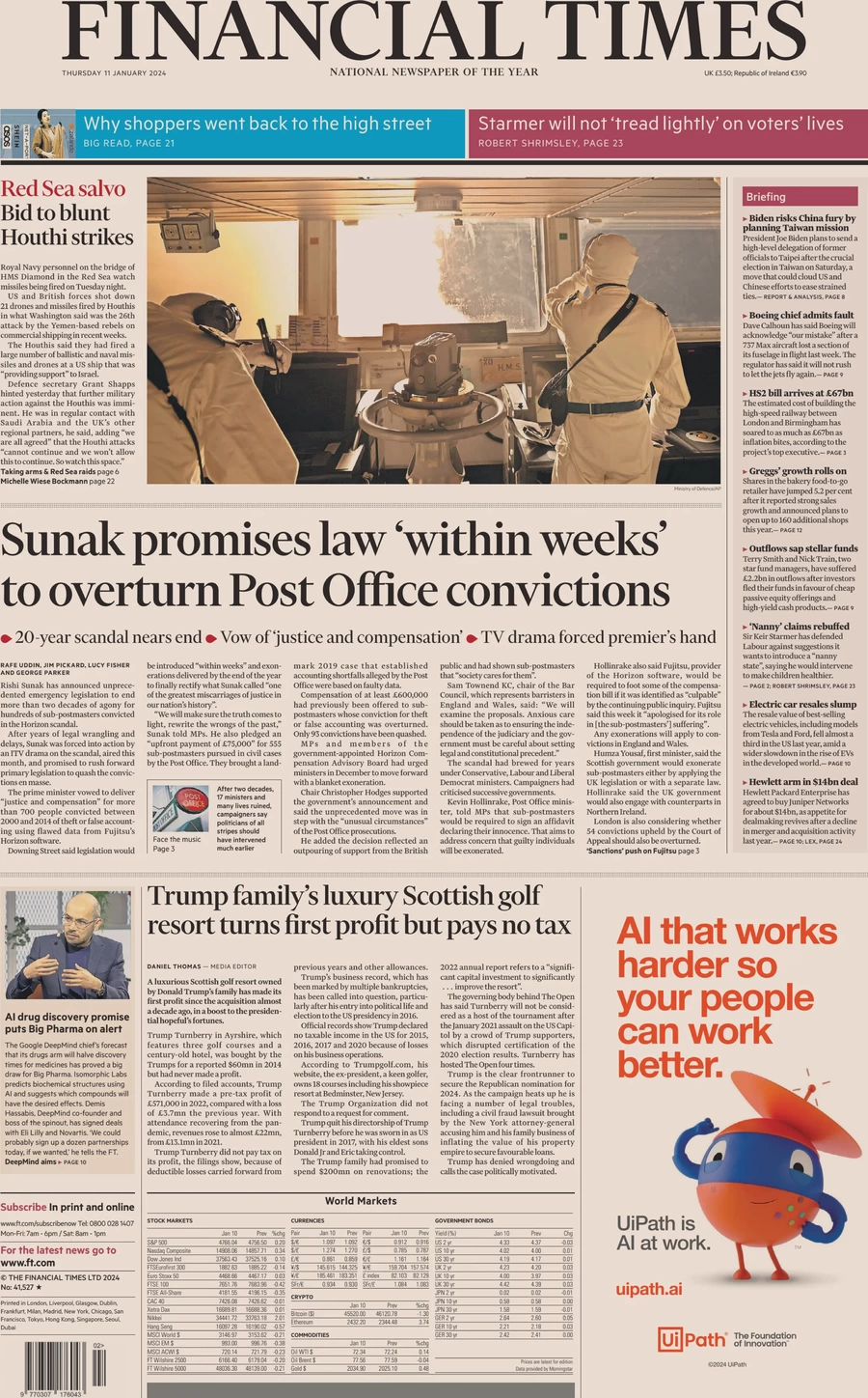 Financial Times - Sunak promises law within weeks to overturn Post Office convictions 