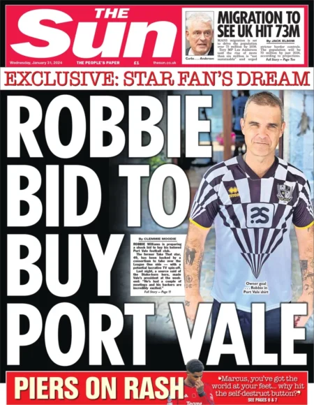 The Sun – Robbie bid to buy Port Vale