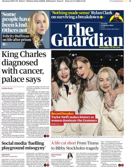 The Guardian – King Charles diagnosed with cancer, Palace says 