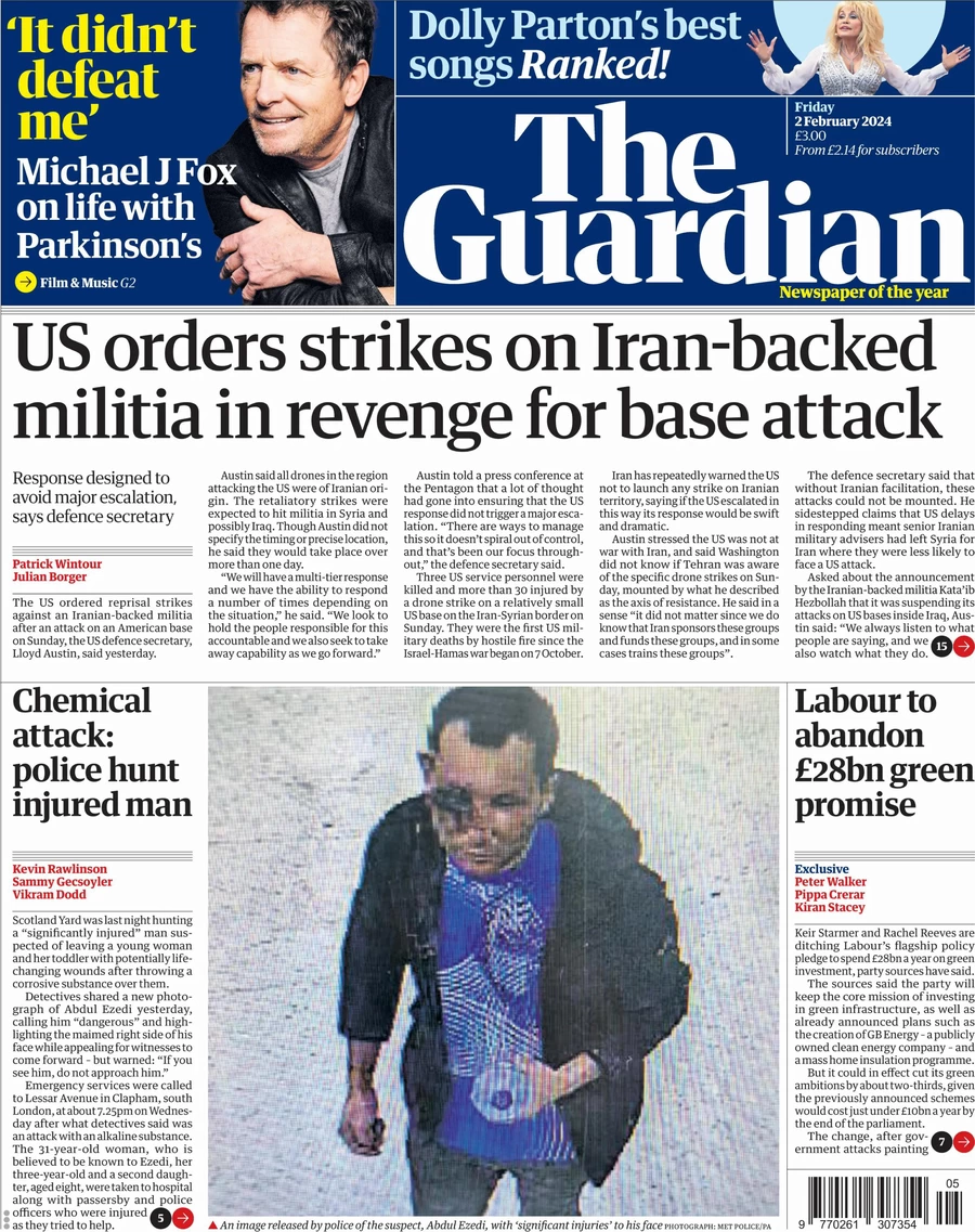 The Guardian - US orders strikes on Iran-backed militia in revenge for base attack 