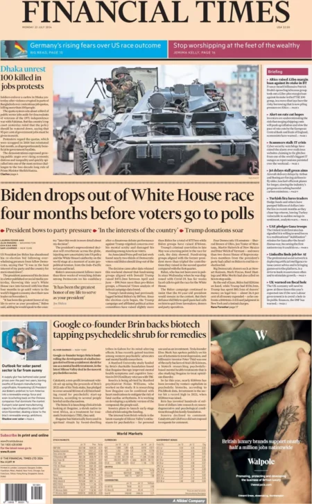 Financial Times – Biden pulls out of White House race and endorses Harris as his successor 