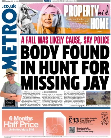 Metro – Body found in hunt for missing Jay 