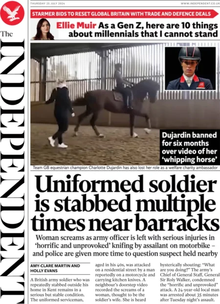 The Independent-Uniformed soldier is stabbed multiple times near barracks 