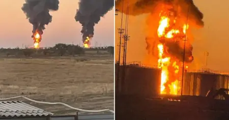 Diesel facility bursts into flames as Ukrainians strike 125 miles inside Russia