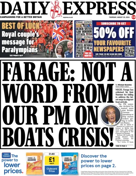 Daily Express – Farage: Not a word from our PM on boats crisis! 