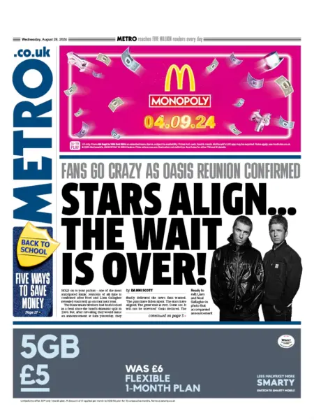 Metro – Oasis reunion tour 2025: Stars align … the wait is over