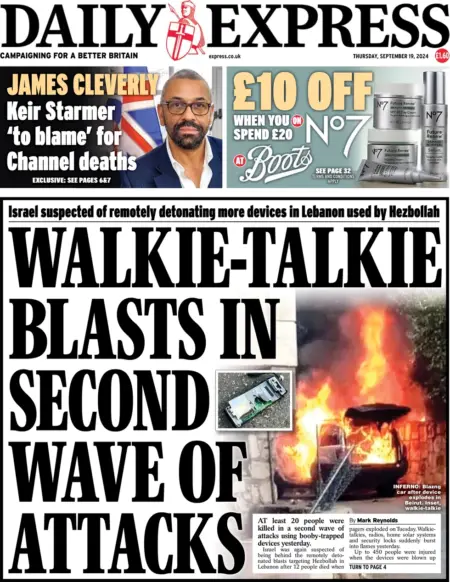 Daily Express – Walkie-talkie blasts in second wave of attacks 