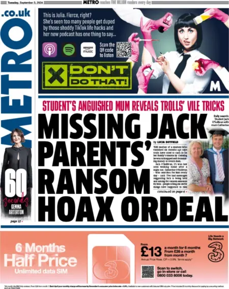 Metro – Missing Jack parents’ ransom hoax ordeal 