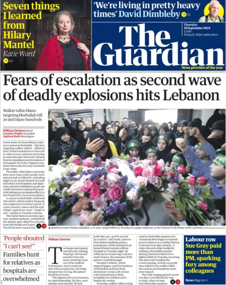 The Guardian – Fears of escalation as second wave of deadly explosions hits Lebanon 