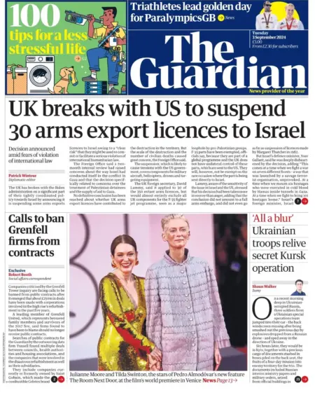 The Guardian – UK breaks with US to suspend 30 arms export licenses to Israel 