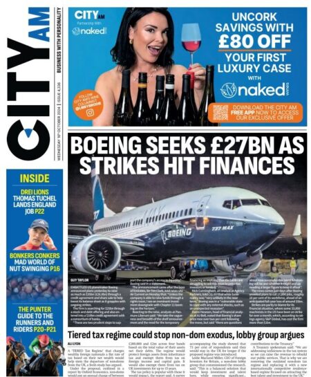 CITY AM – Boeing seeks £27bn as strikes hit finances