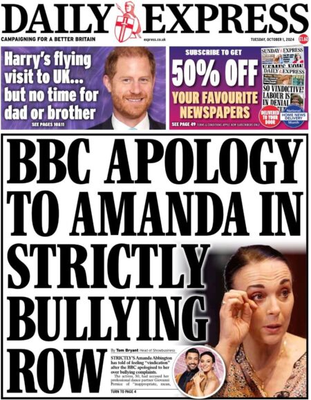 Daily Express – BBC apology to Amanda in Strictly bullying row 