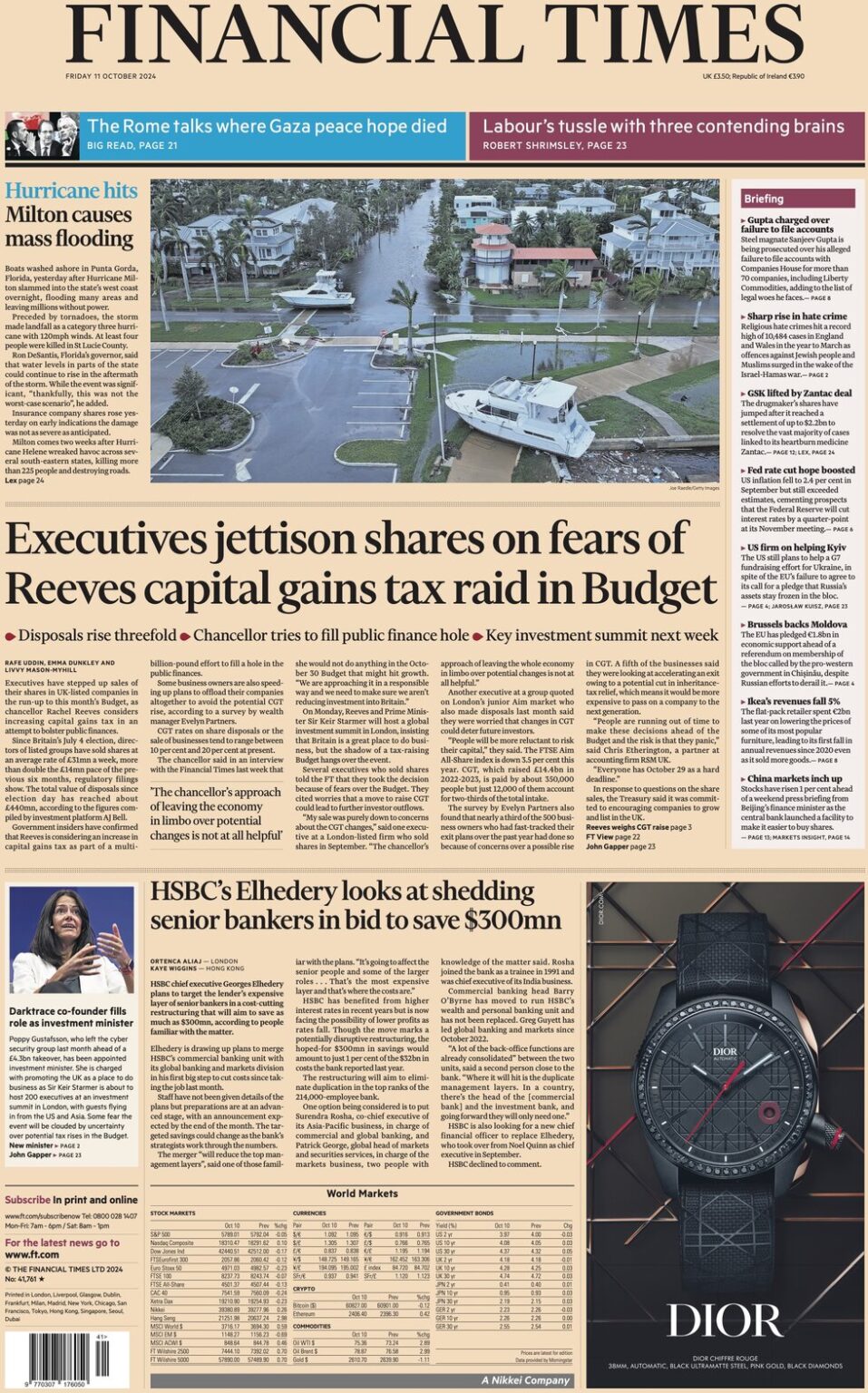 FT – Executives jettison shares on fears of Reeves capital gains tax raid in Budget 