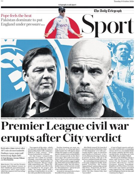 Telegraph Sport – Premier League civil war erupts after City verdict 