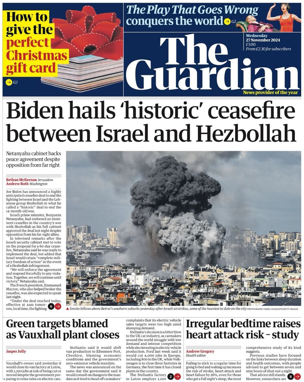 Biden hails historic ceasefire deal between Israel and Hezbollah - The Guardian