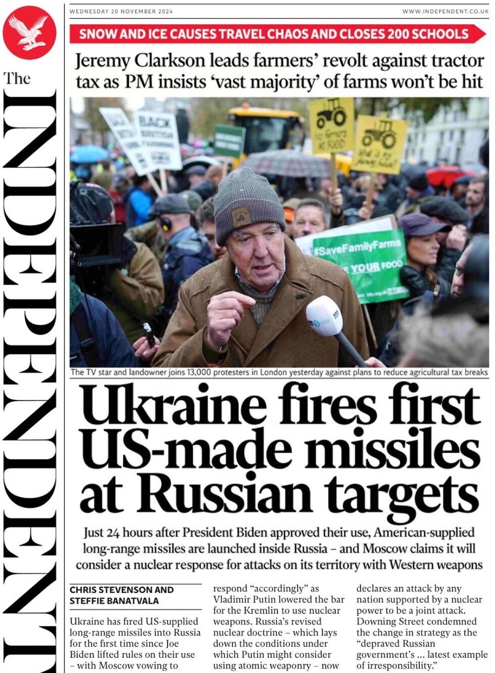 Ukraine fires first US-made missiles at Russian targets - The Independent front page