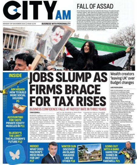 CITY AM – Jobs slump as firms brace for tax rises