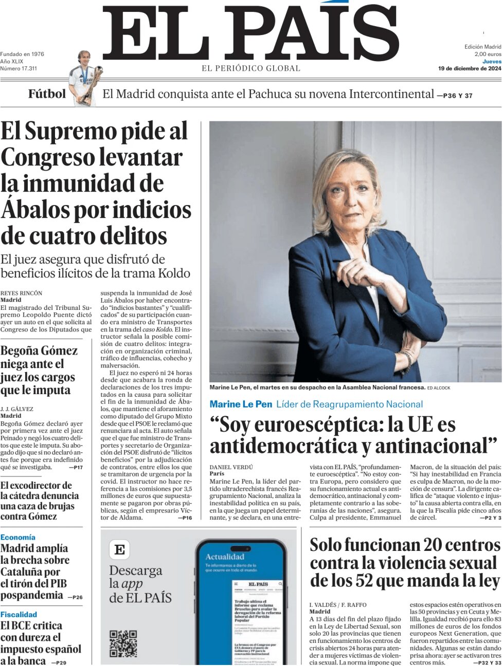 el pais front page 19/12/2024