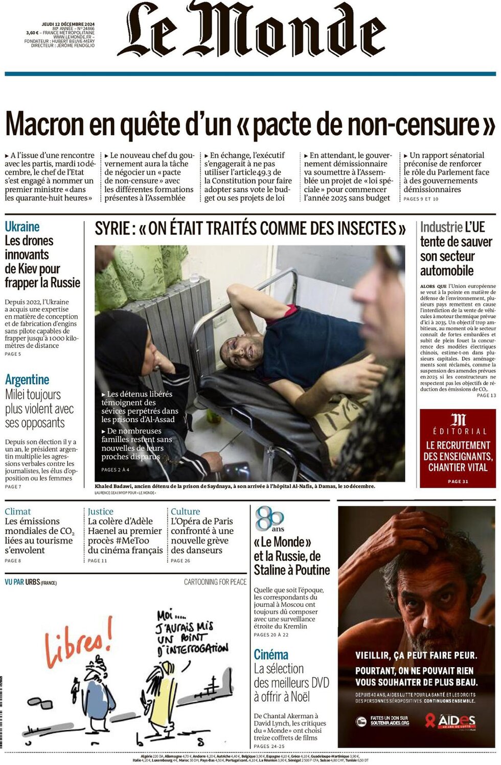 le monde front page 12/12/2024