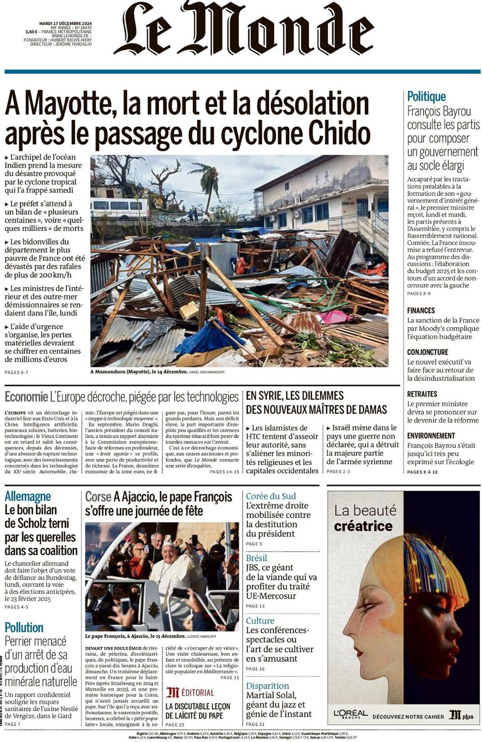 le monde front page 17/12/2024