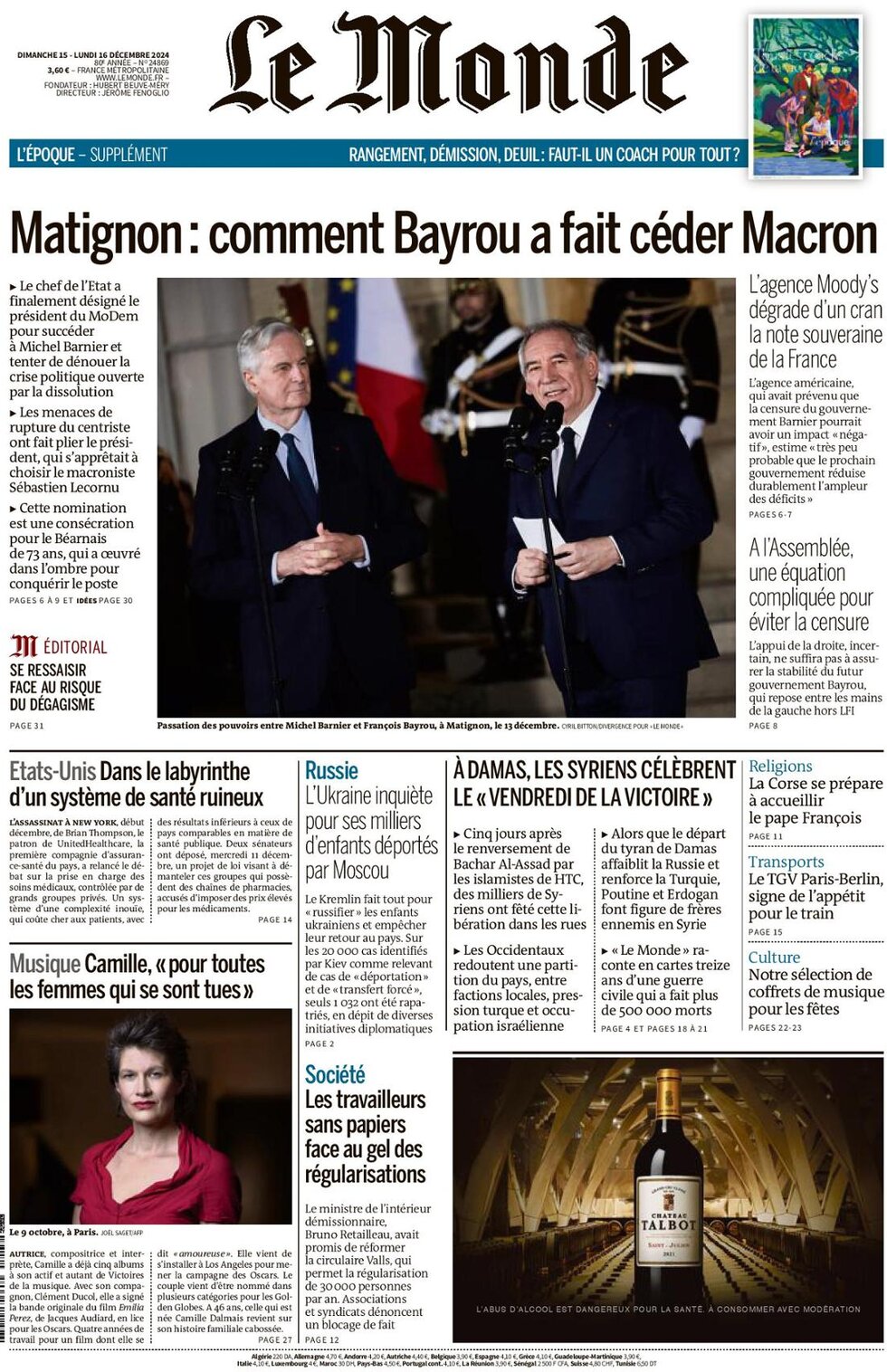 le monde front page 16/12/2024