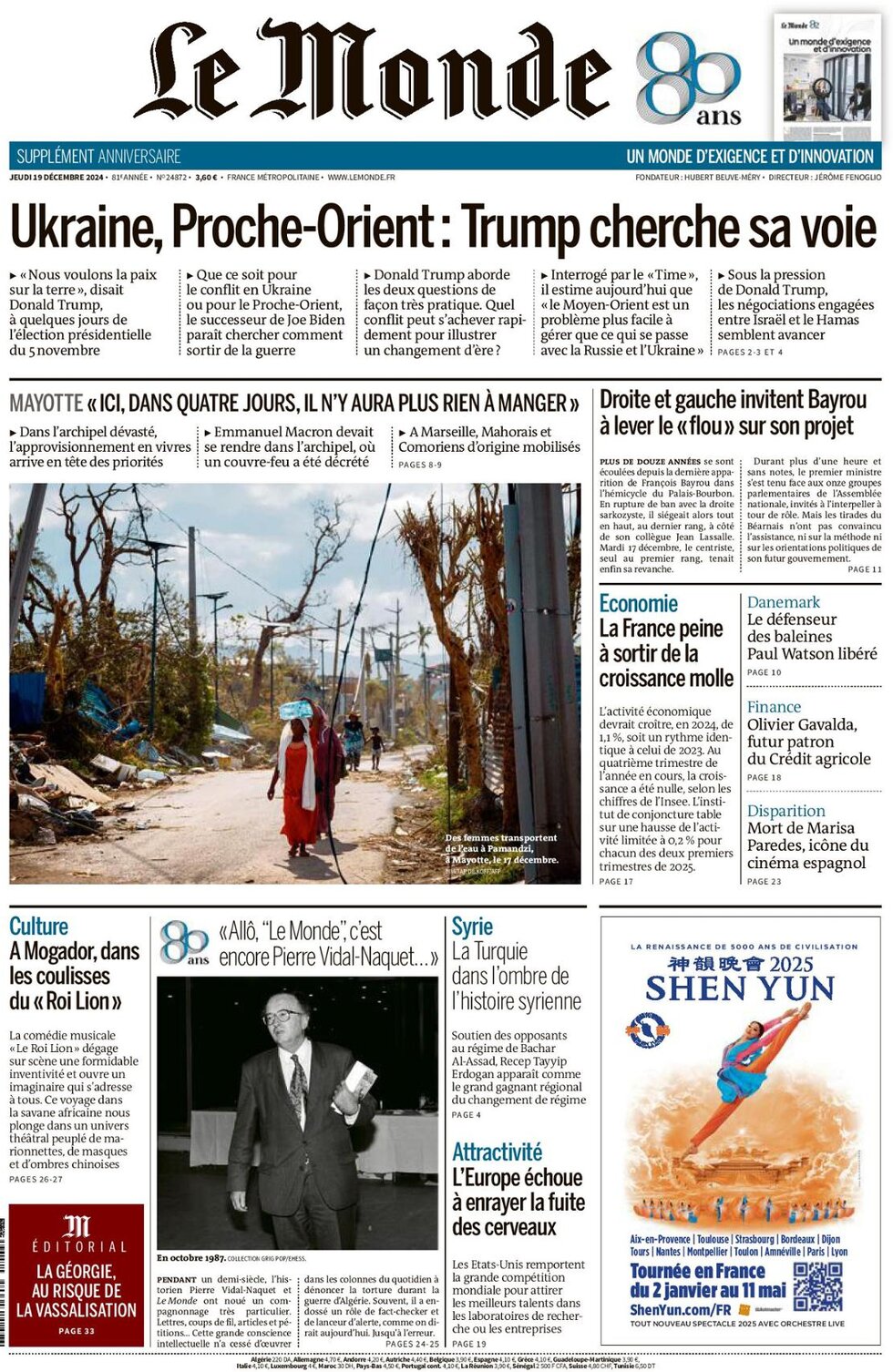 le monde front page 19/12/2024