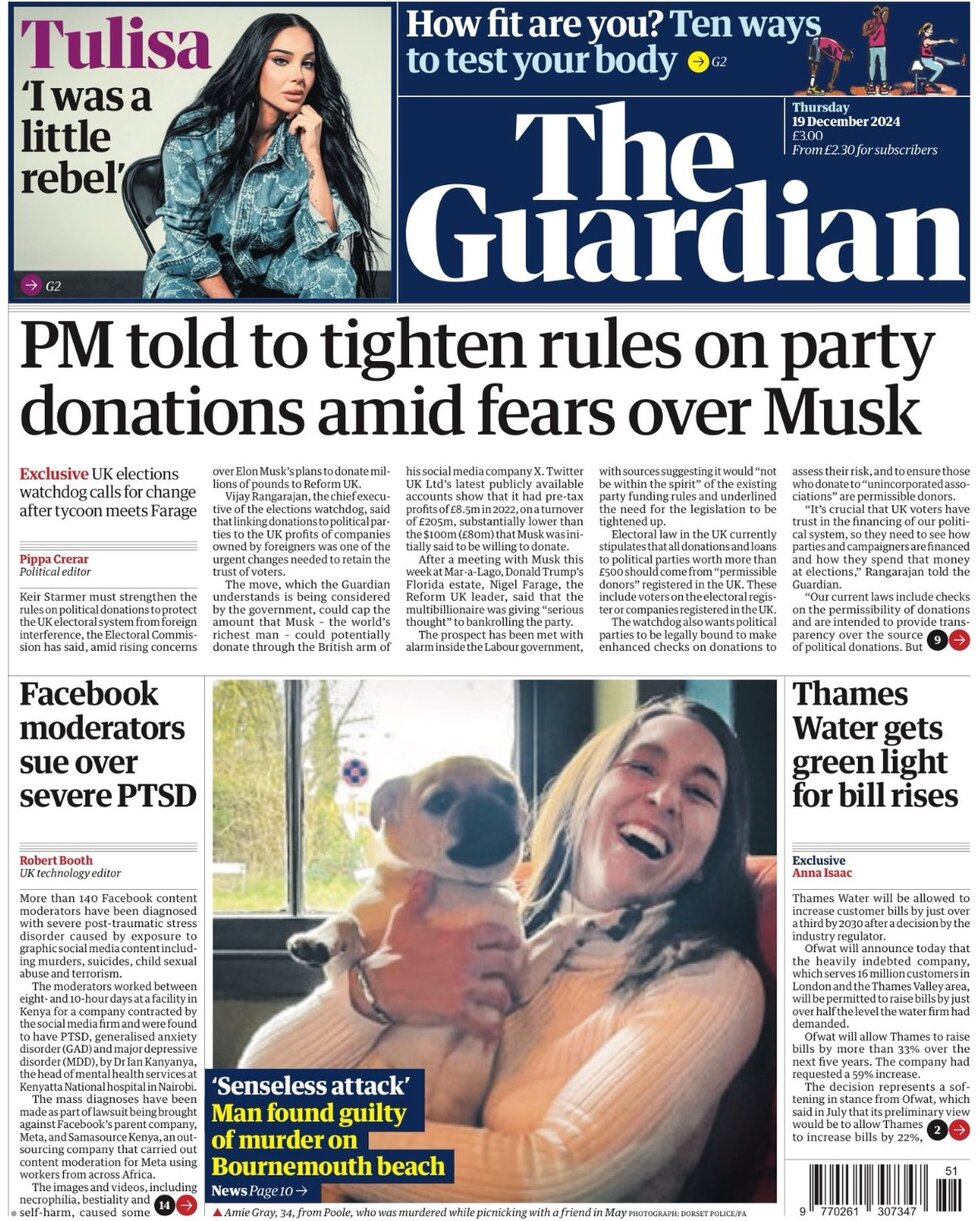 the guardian front page 19/12/2024