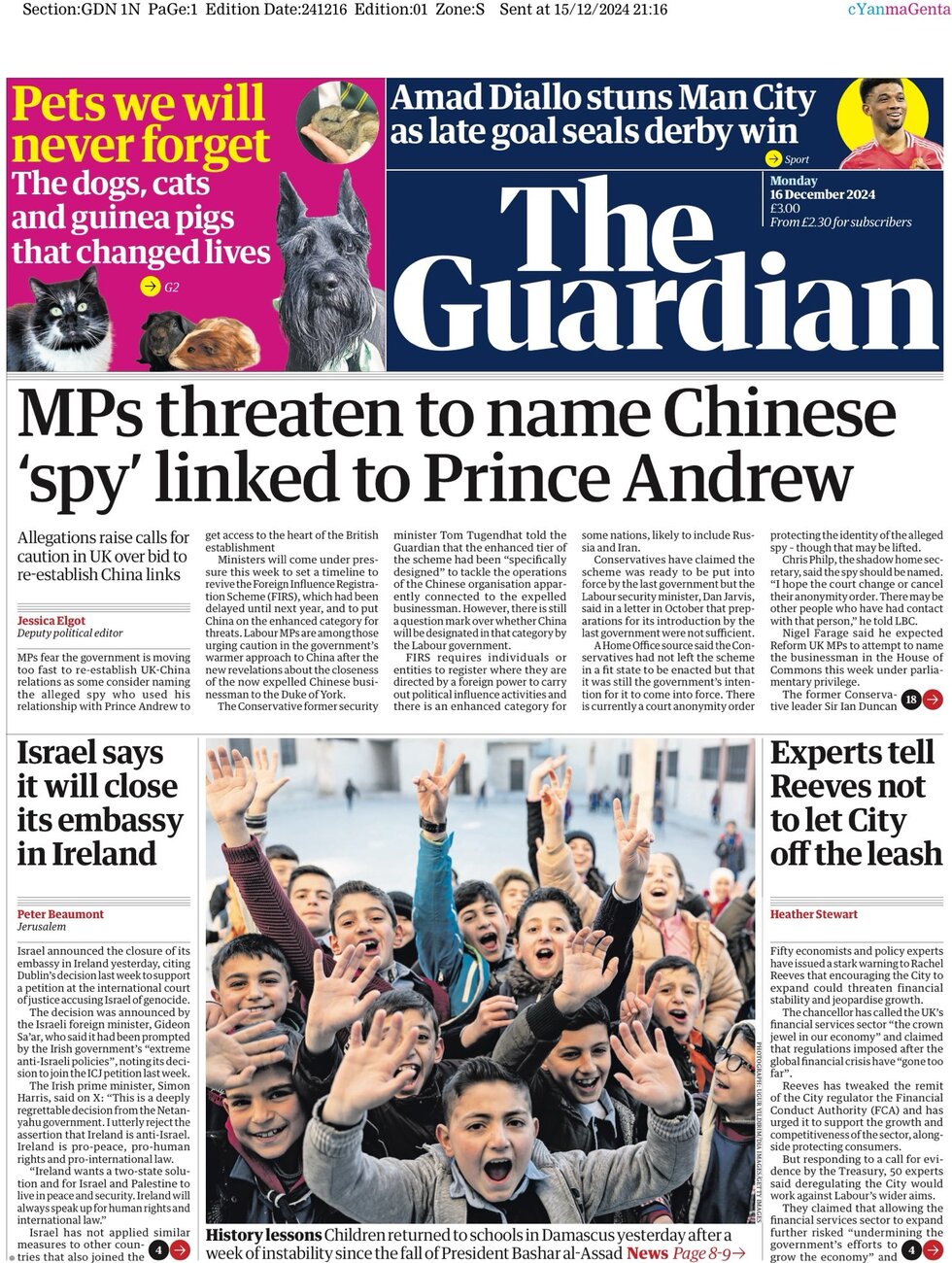 the guardian front page 16/12/2024