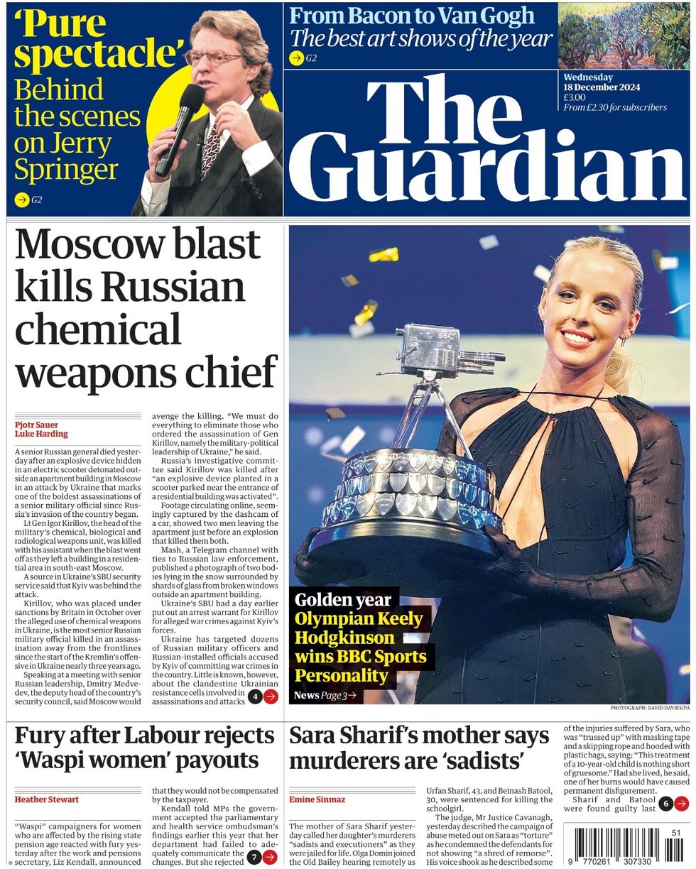 the guardian front page 18/12/2024