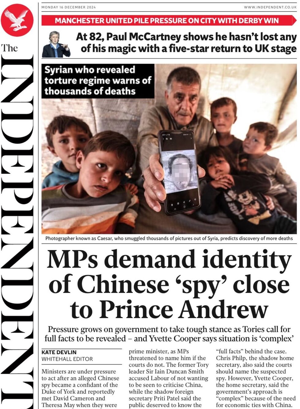 the independent front page 16/12/2024