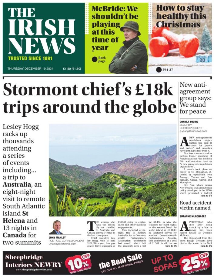 Stormont chief's £18k trips around the globe - The Irish News