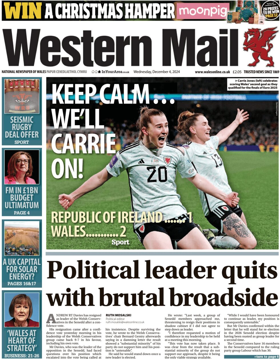 ‘Keep calm … we’ll Carrie on! Republic of Ireland 1 Wales 2’ - Western Mail (Wales)